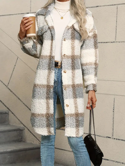 Manteau long en laine à motif écossais