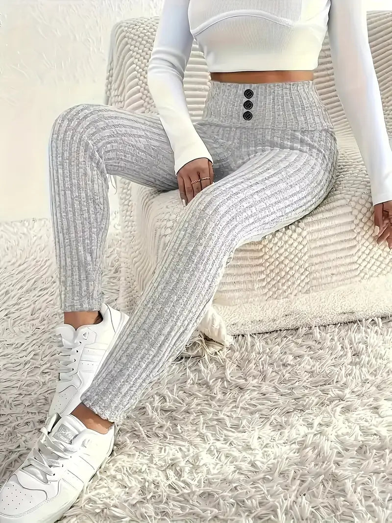 Legging gris clair taille haute à bouton