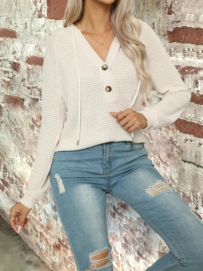 Sweat décontracté à capuche avec col V et détails boutons