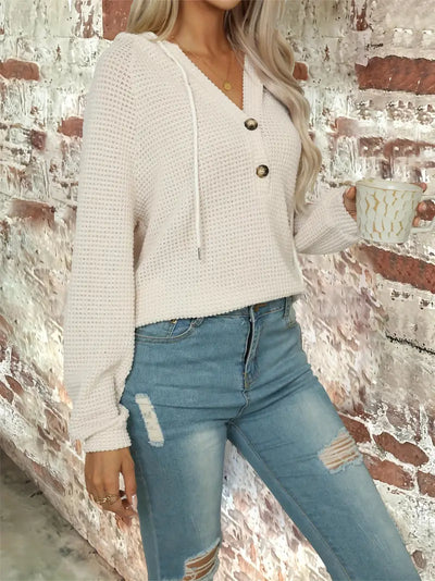 Sweat décontracté à capuche avec col V et détails boutons