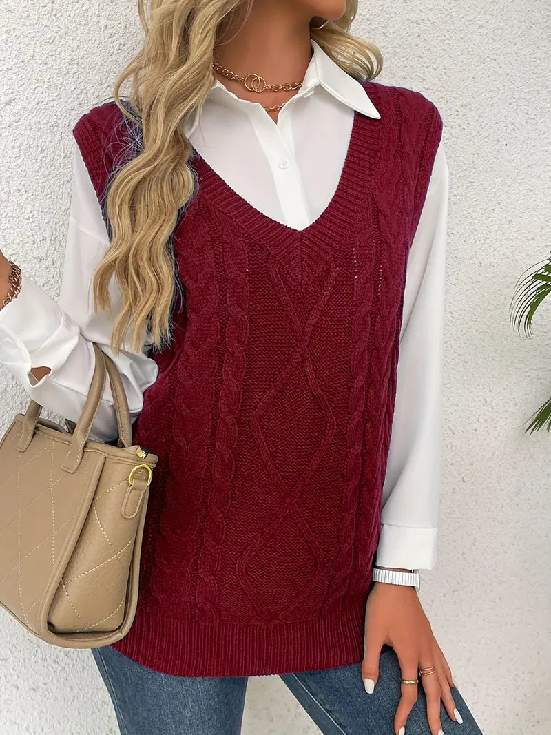 Pull long côtelé col v sans manches