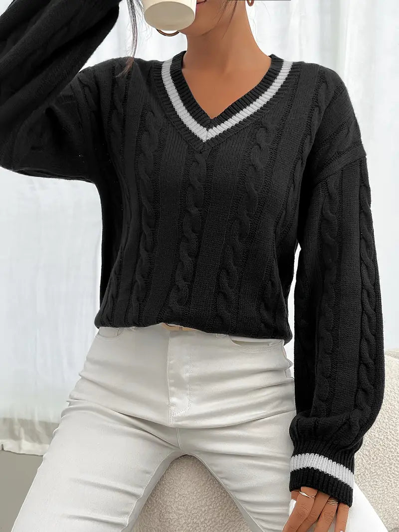 Pull Élégant à Col en V pour Femme avec Détail Torsadé