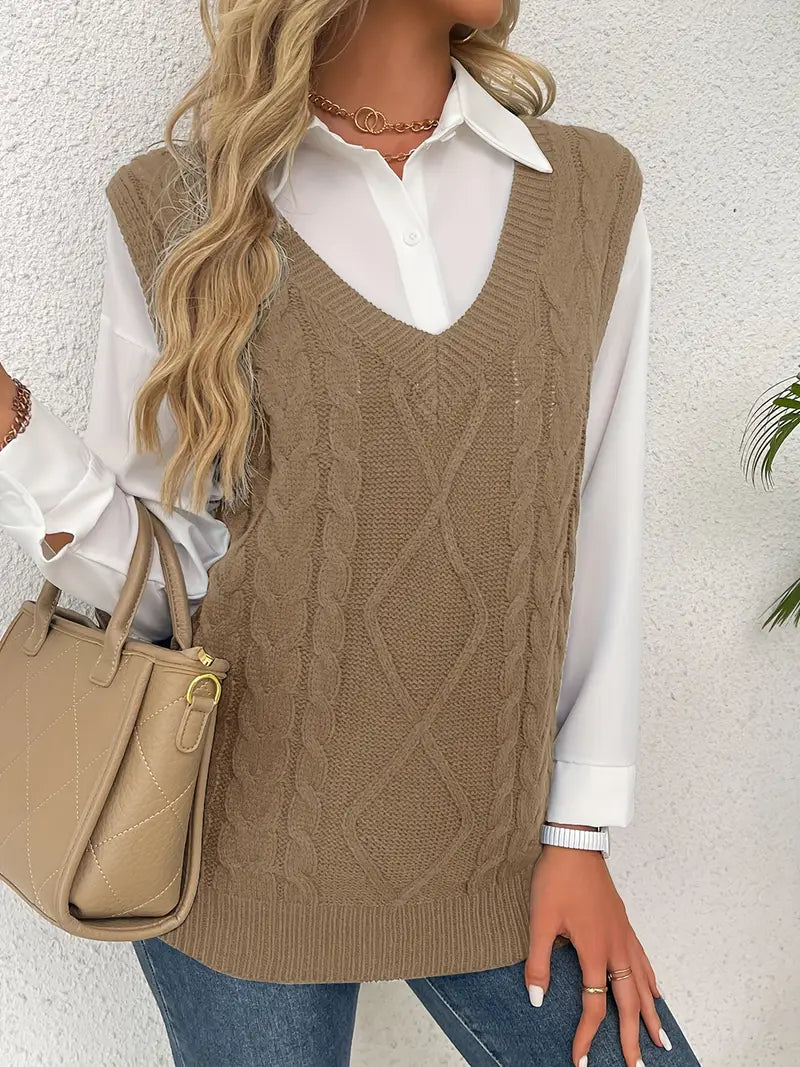 Pull long côtelé col v sans manches