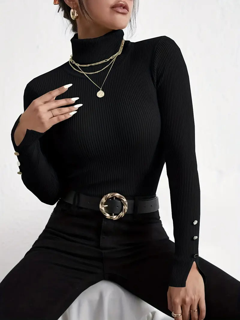 Pull en maille à manches longues col tortue décontracté faux boutons