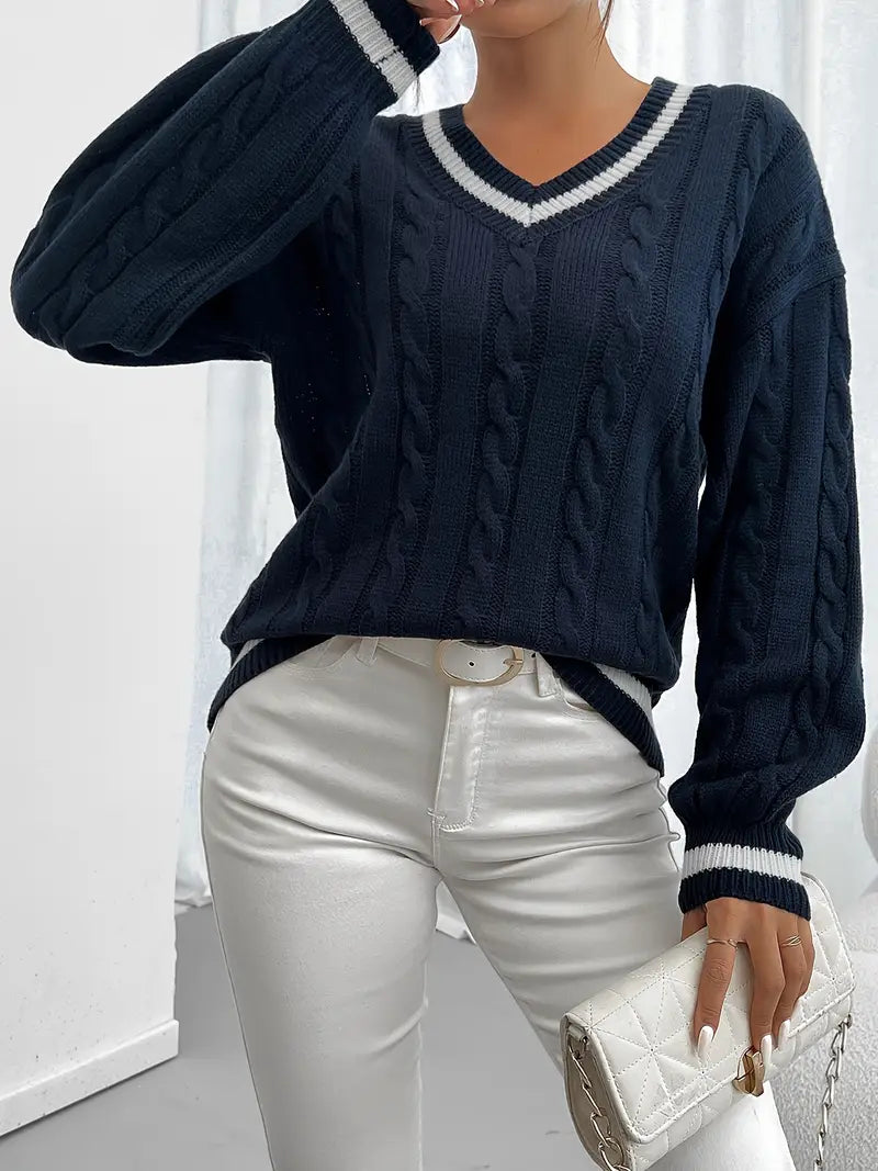 Pull Élégant à Col en V pour Femme avec Détail Torsadé