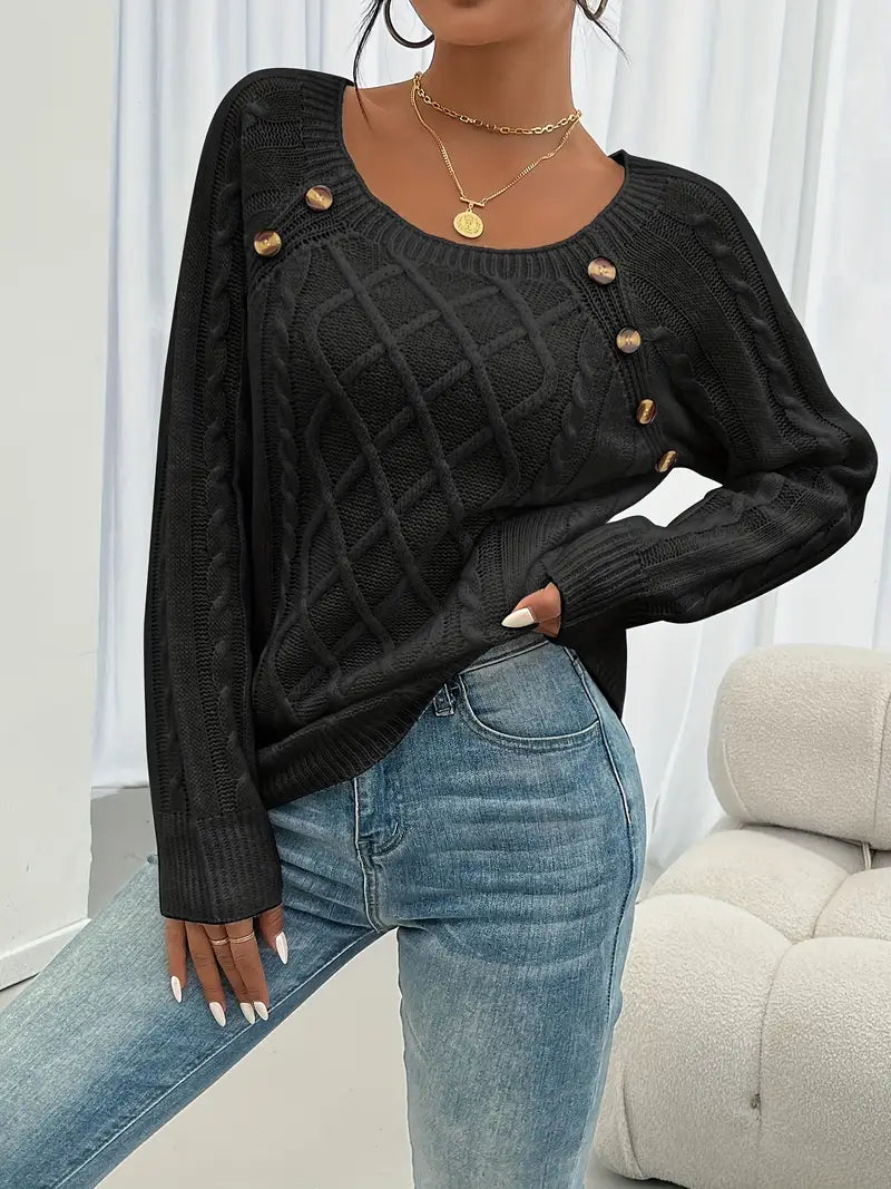 Pull Décontracté Col Carré avec Boutons et Manches Lanternes