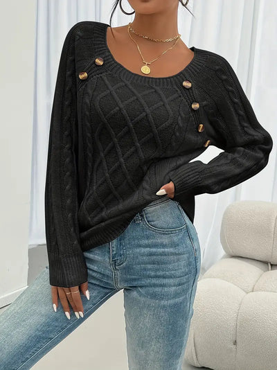 Pull Décontracté Col Carré avec Boutons et Manches Lanternes