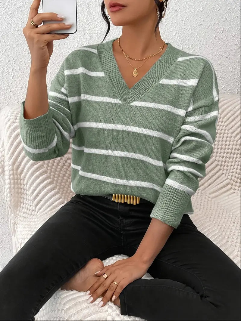 Pull col V à manches longues avec rayures horizontales