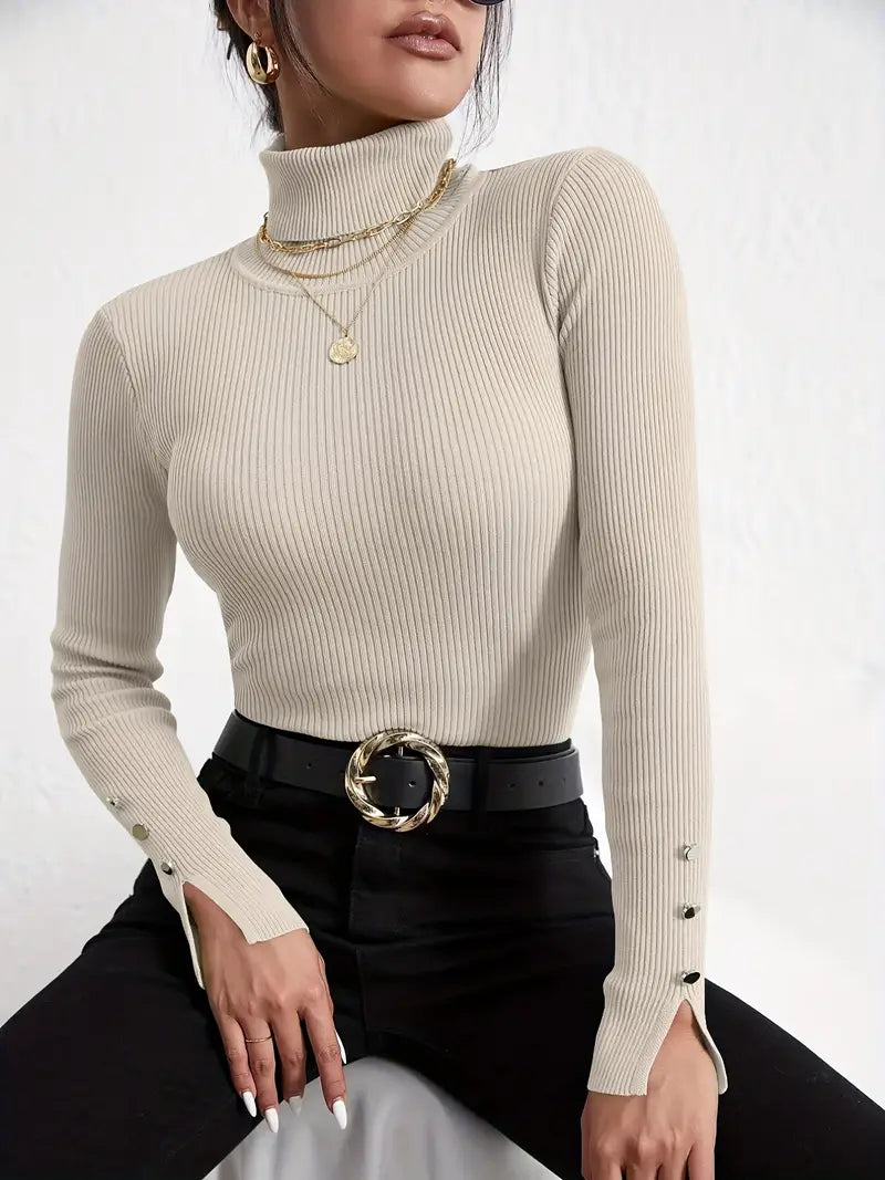 Pull en maille à manches longues col tortue décontracté faux boutons