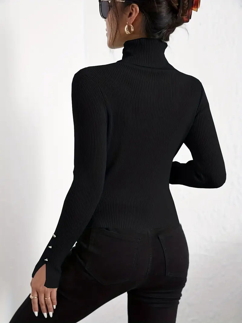 Pull en maille à manches longues col tortue décontracté faux boutons