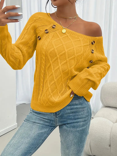 Pull Décontracté Col Carré avec Boutons et Manches Lanternes