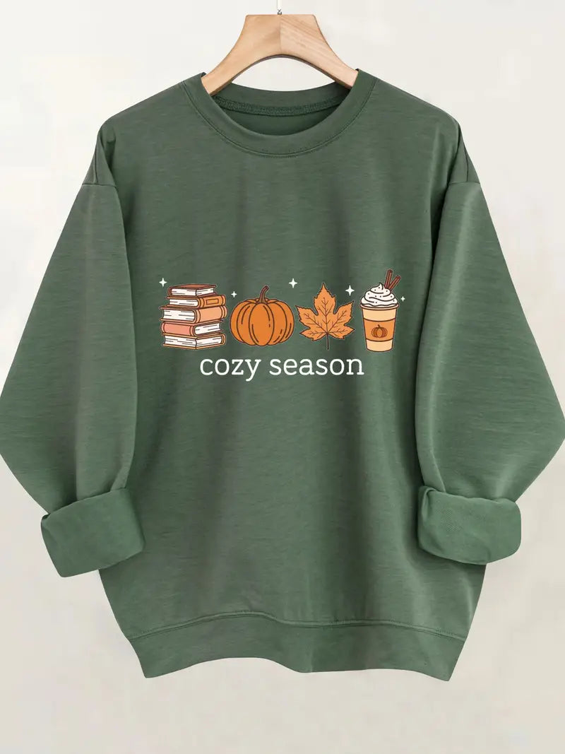 Sweat douillet à col rond avec motifs citrouille, feuilles et tasse à café