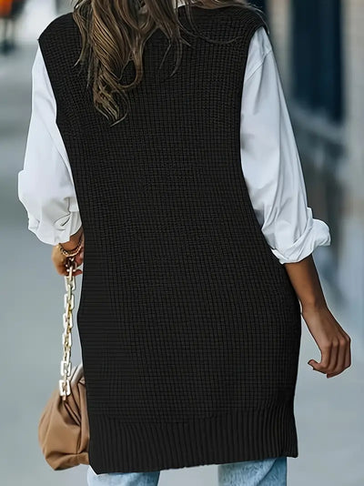 Pull long col v sans manches grande taille