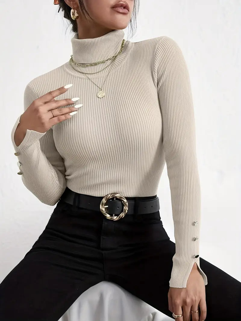 Pull en maille à manches longues col tortue décontracté faux boutons