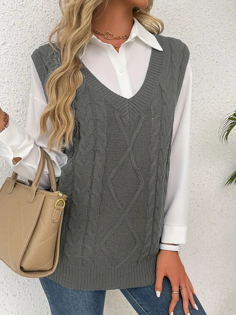 Pull long côtelé col v sans manches