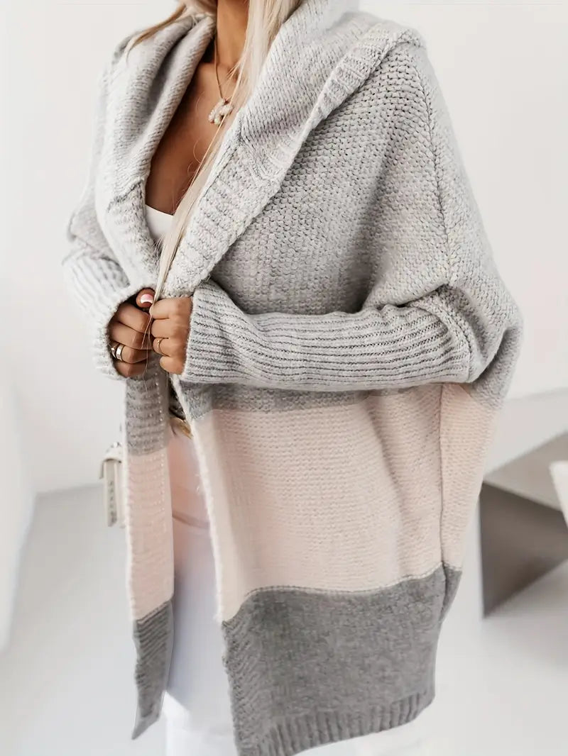 Cardigan mi-long Décontracté à Capuche rose et gris