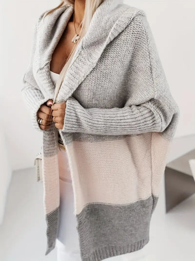 Cardigan mi-long Décontracté à Capuche rose et gris