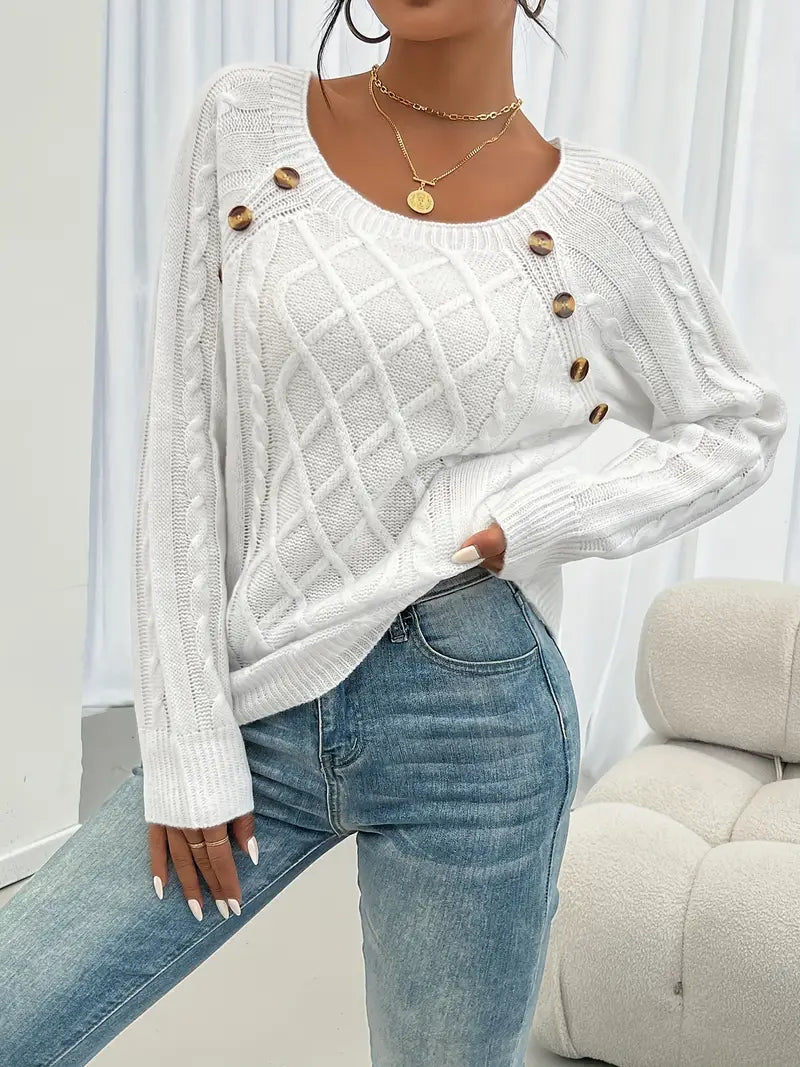 Pull Décontracté Col Carré avec Boutons et Manches Lanternes