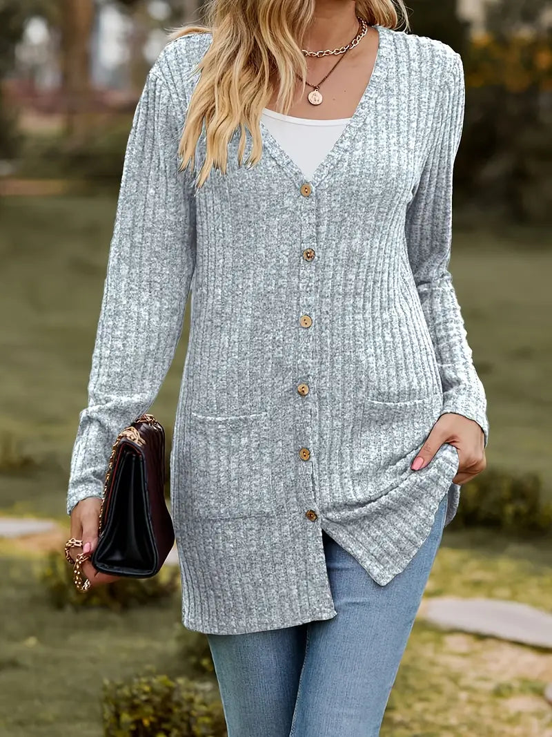 Cardigan côtelé mi-long avec boutons