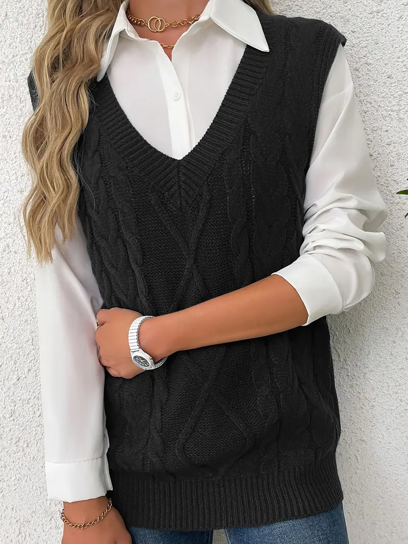 Pull long côtelé col v sans manches