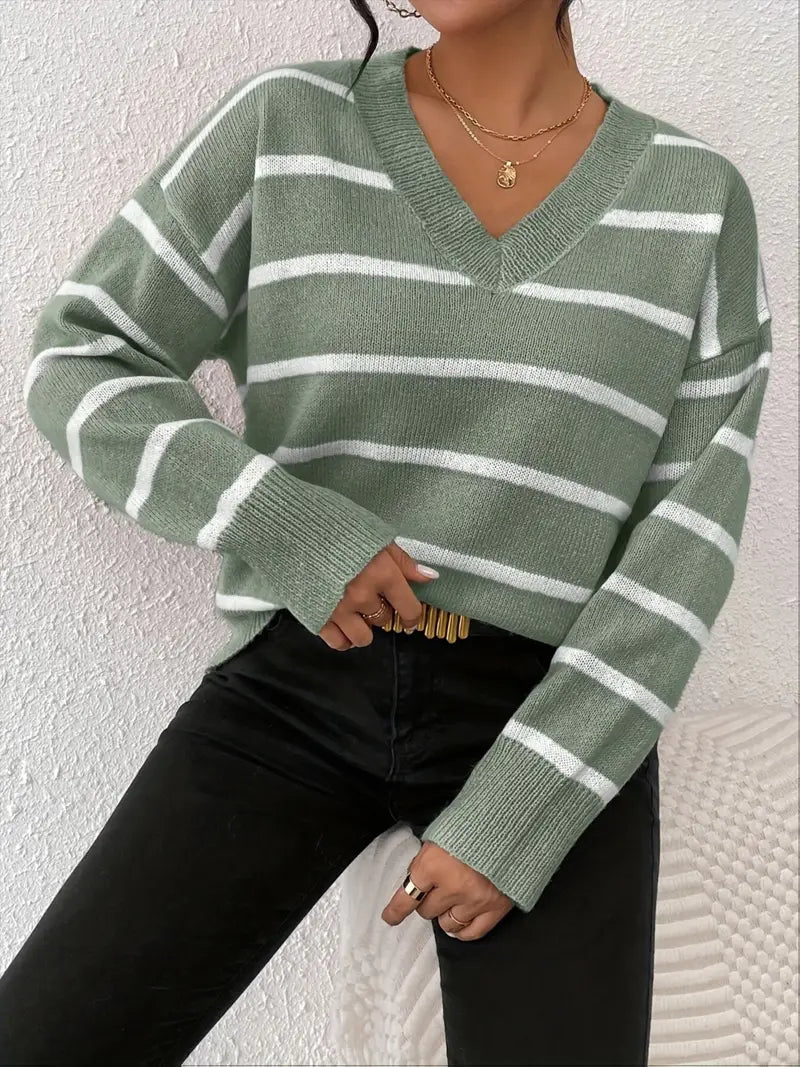 Pull col V à manches longues avec rayures horizontales