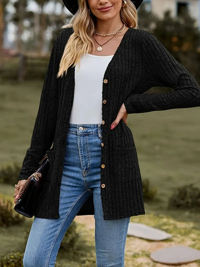 Cardigan côtelé mi-long avec boutons