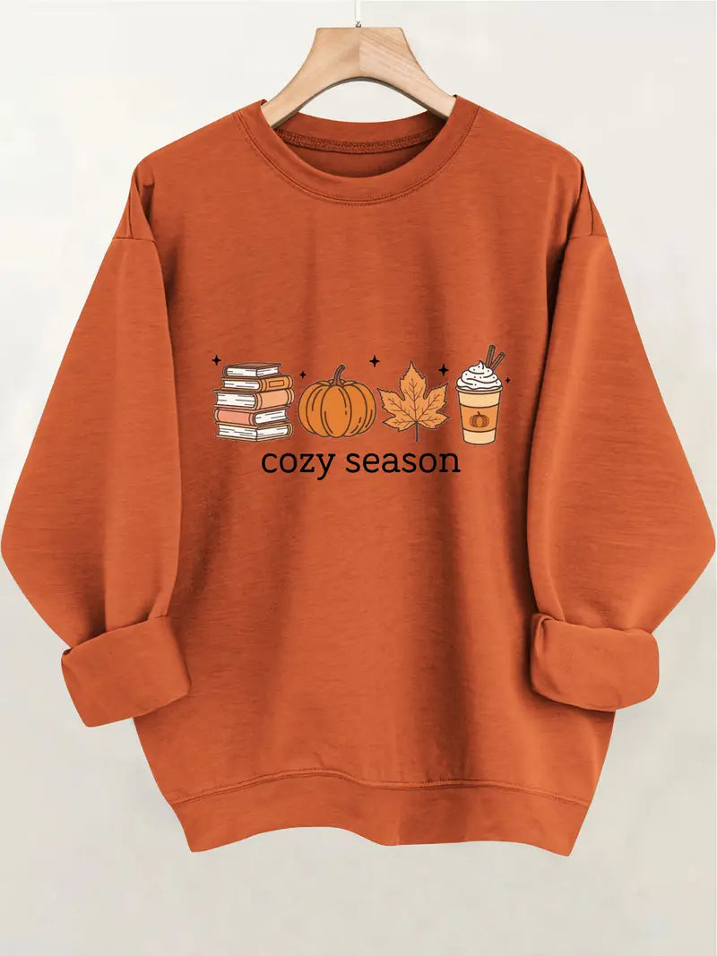 Sweat douillet à col rond avec motifs citrouille, feuilles et tasse à café