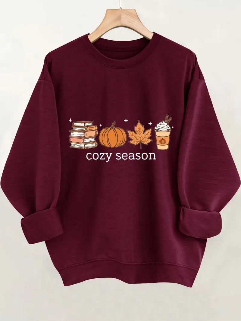 Sweat douillet à col rond avec motifs citrouille, feuilles et tasse à café