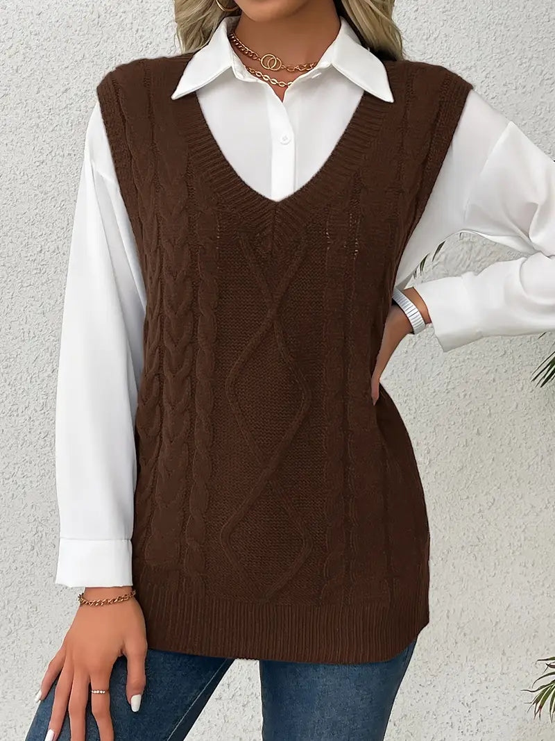 Pull long côtelé col v sans manches