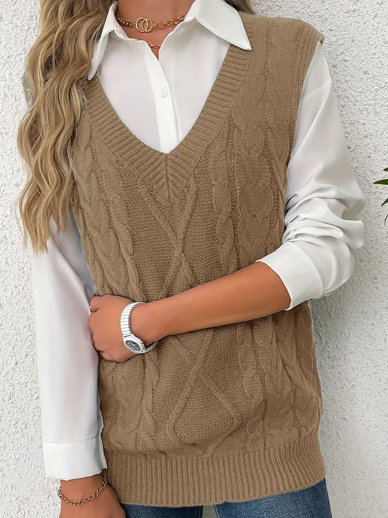 Pull long côtelé col v sans manches