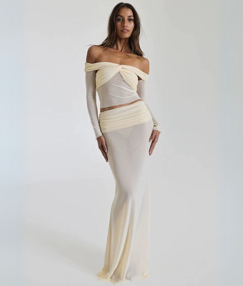 Ensemble transparent jupe longue haut col bateau