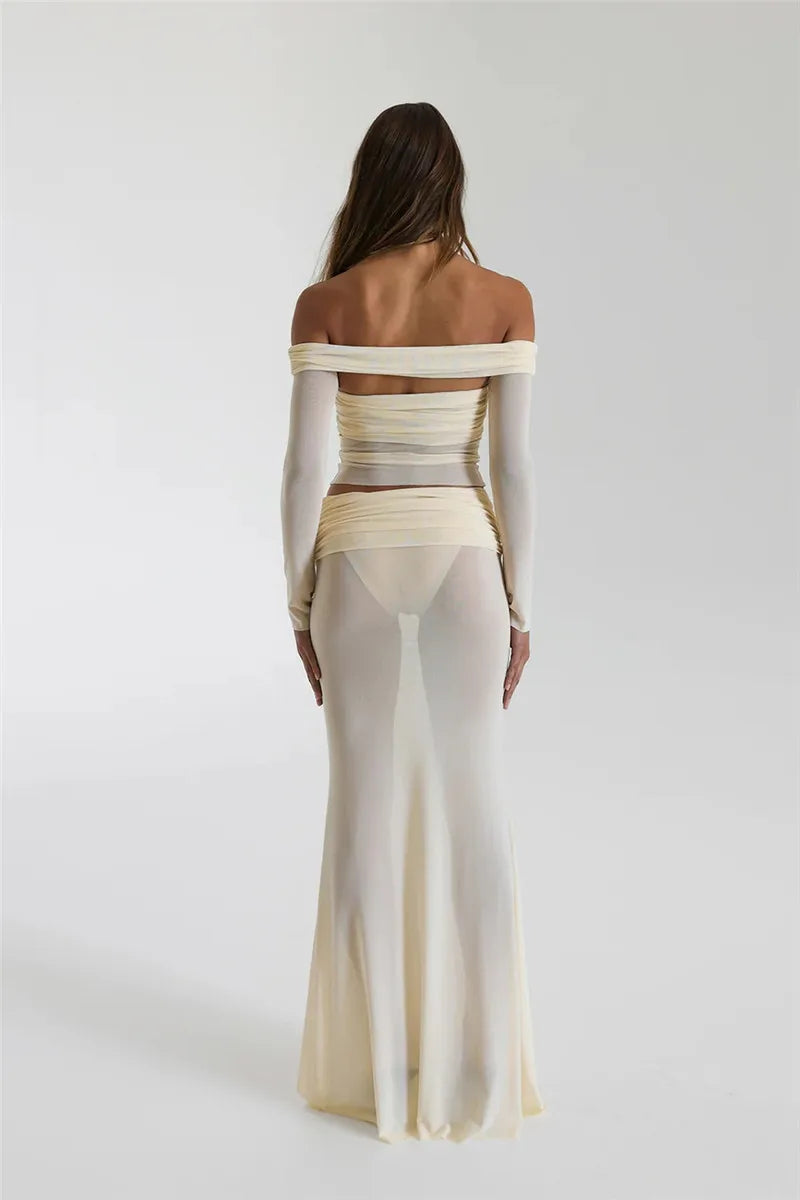 Ensemble transparent jupe longue haut col bateau