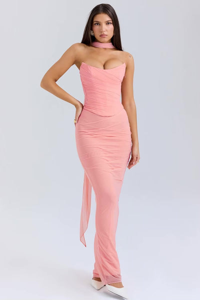 Robe longue plissée bustier avec écharpe