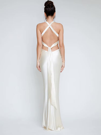 Robe dos nu satinée bretelles ultra longues