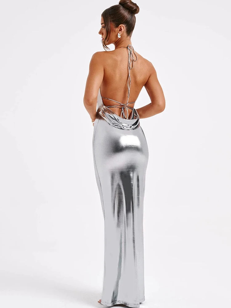 Robe longue moulante dos nu croisée