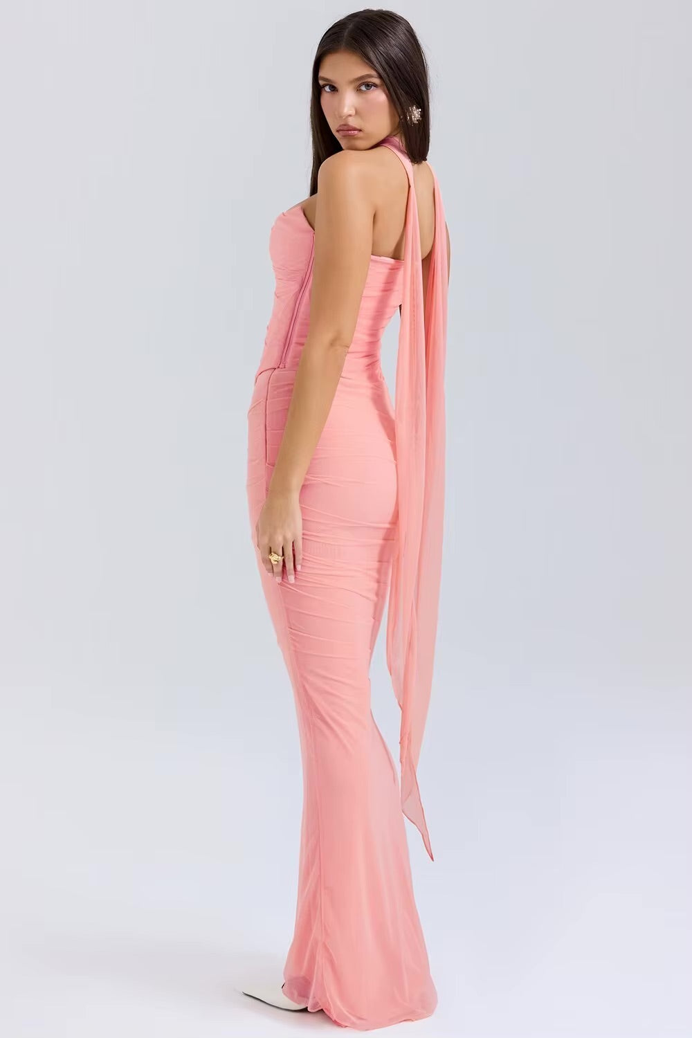Robe longue plissée bustier avec écharpe