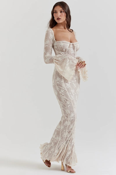 Robe longue dentelle manches longues