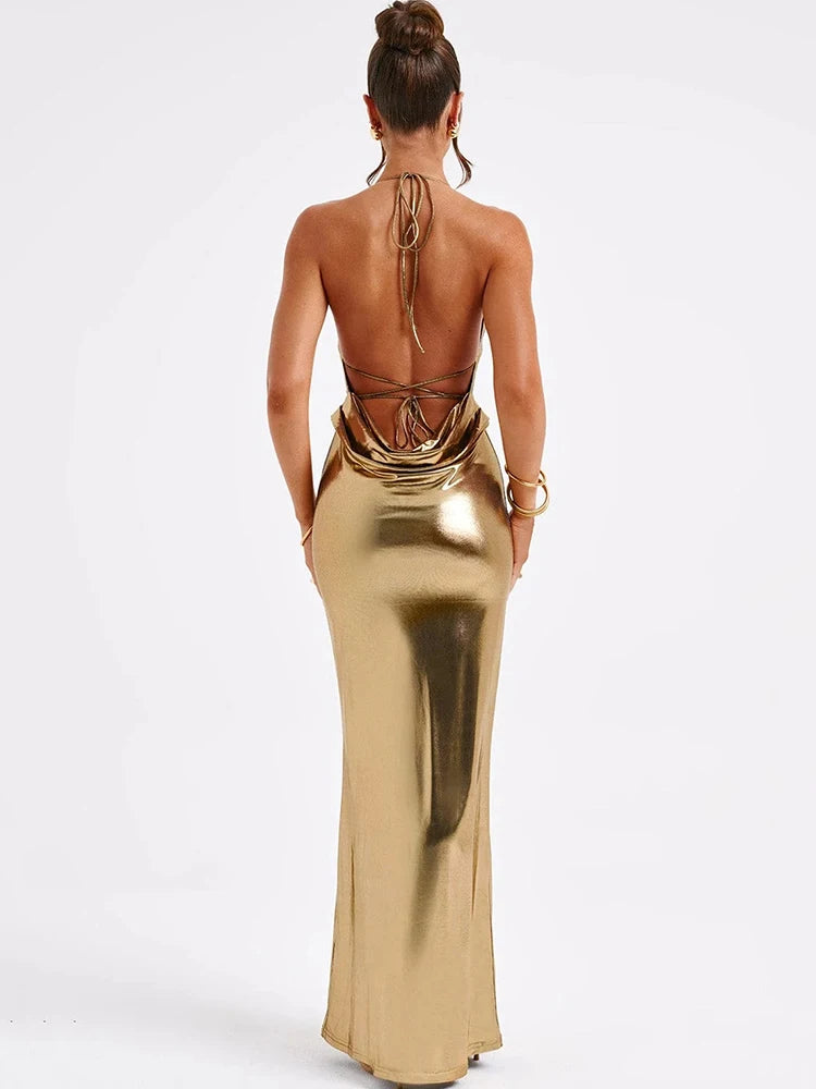 Robe longue moulante dos nu croisée