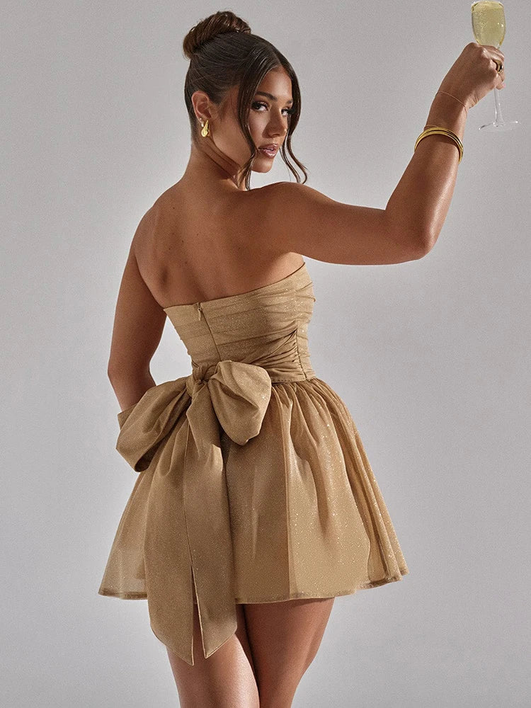 Robe courte bustier à paillettes avec noeud