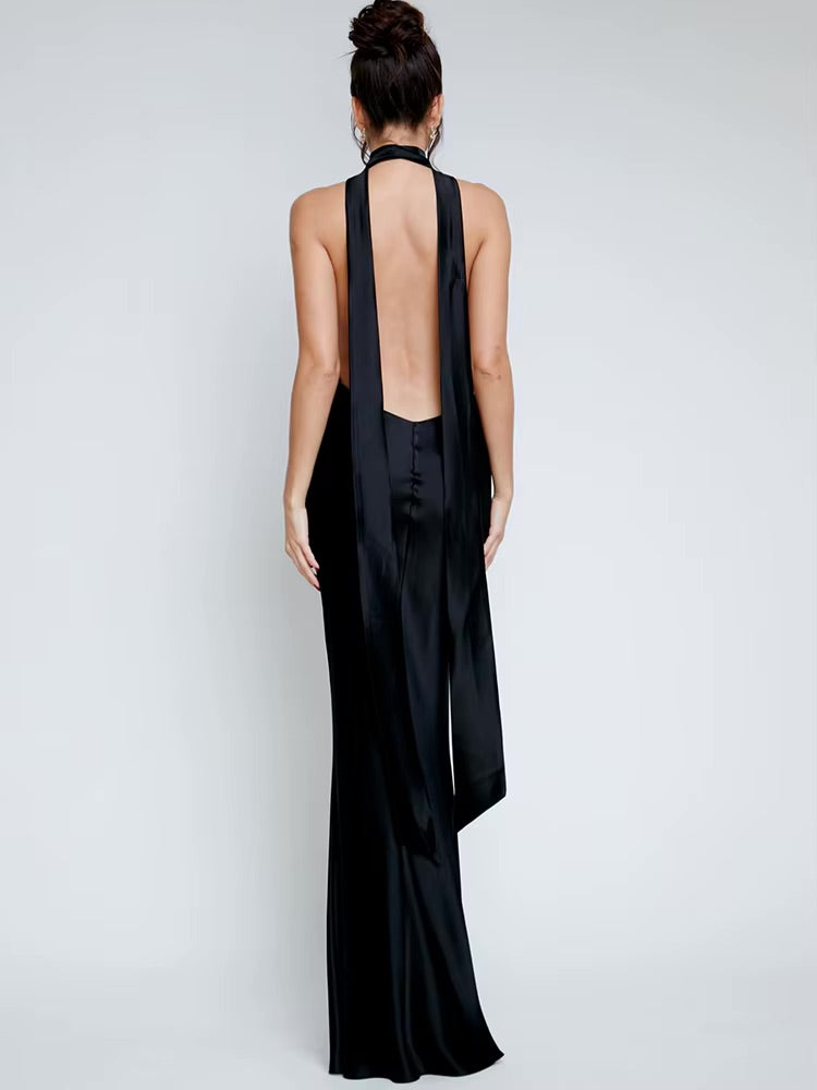 Robe dos nu satinée bretelles ultra longues