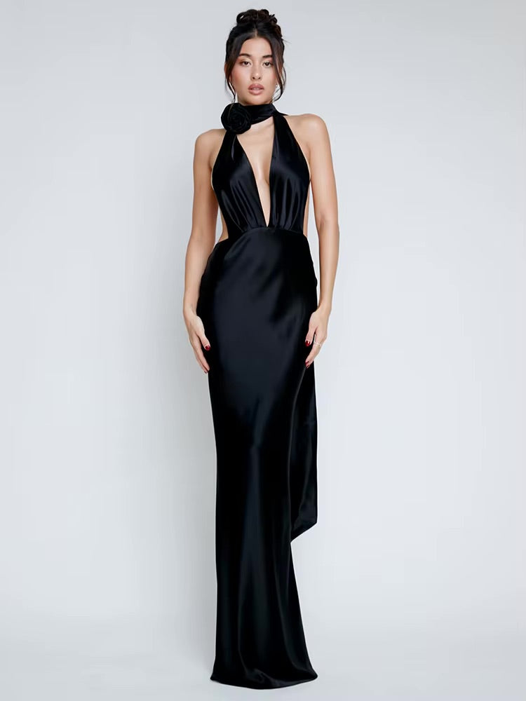 Robe dos nu satinée bretelles ultra longues