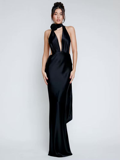 Robe dos nu satinée bretelles ultra longues