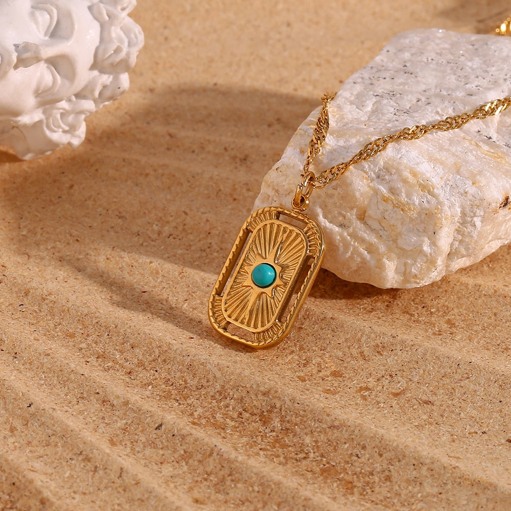 Collier plaque pierre turquoise