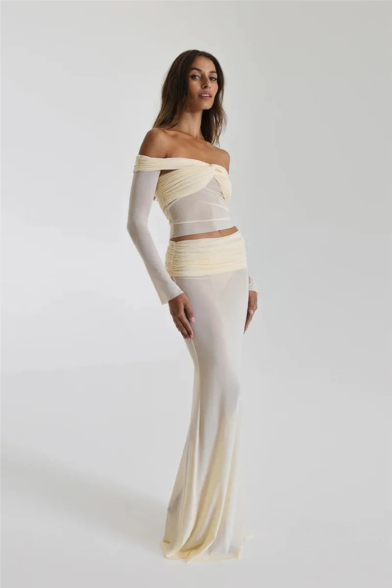 Ensemble transparent jupe longue haut col bateau