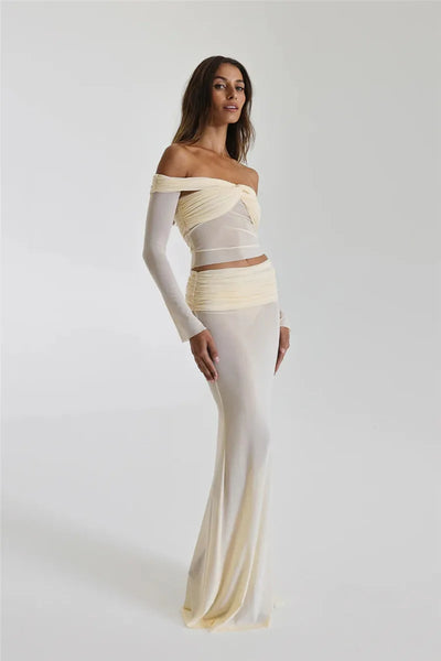 Ensemble transparent jupe longue haut col bateau