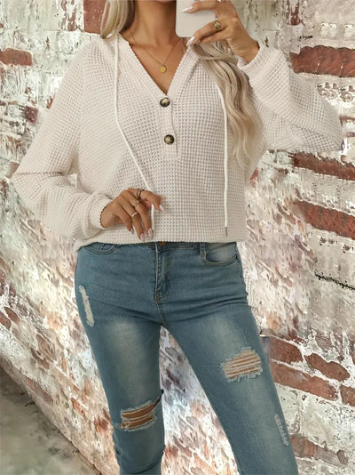 Sweat décontracté à capuche avec col V et détails boutons