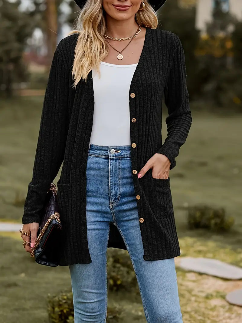 Cardigan côtelé mi-long avec boutons