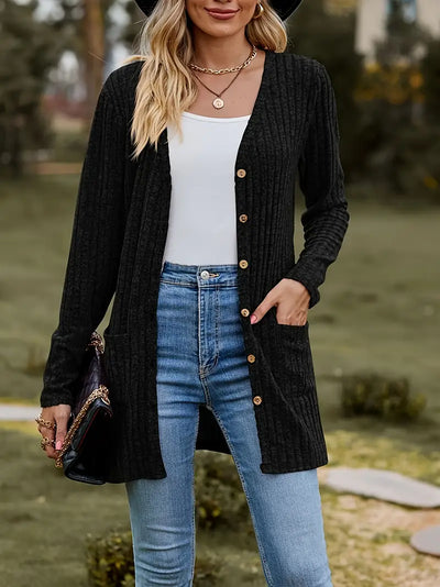 Cardigan côtelé mi-long avec boutons