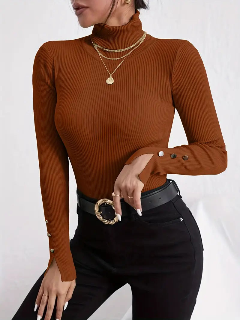 Pull en maille à manches longues col tortue décontracté faux boutons