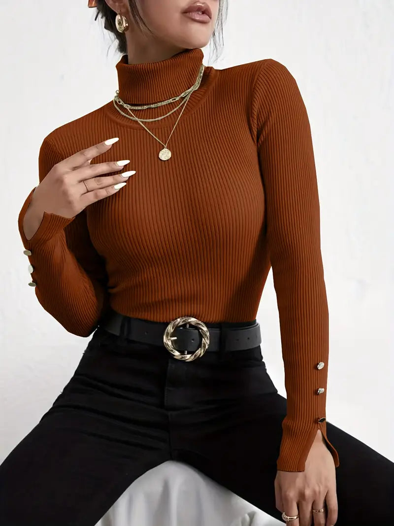 Pull en maille à manches longues col tortue décontracté faux boutons